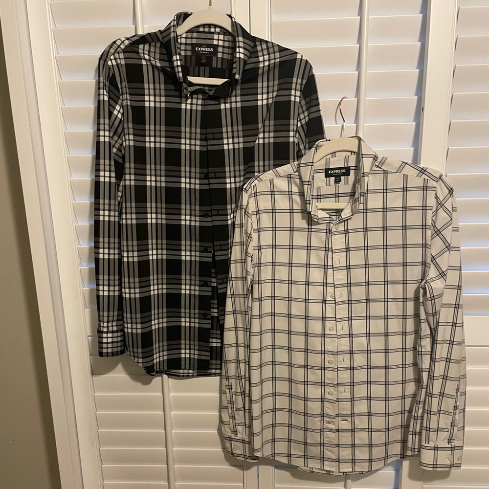 Express performance slim plaid button up black and white - small